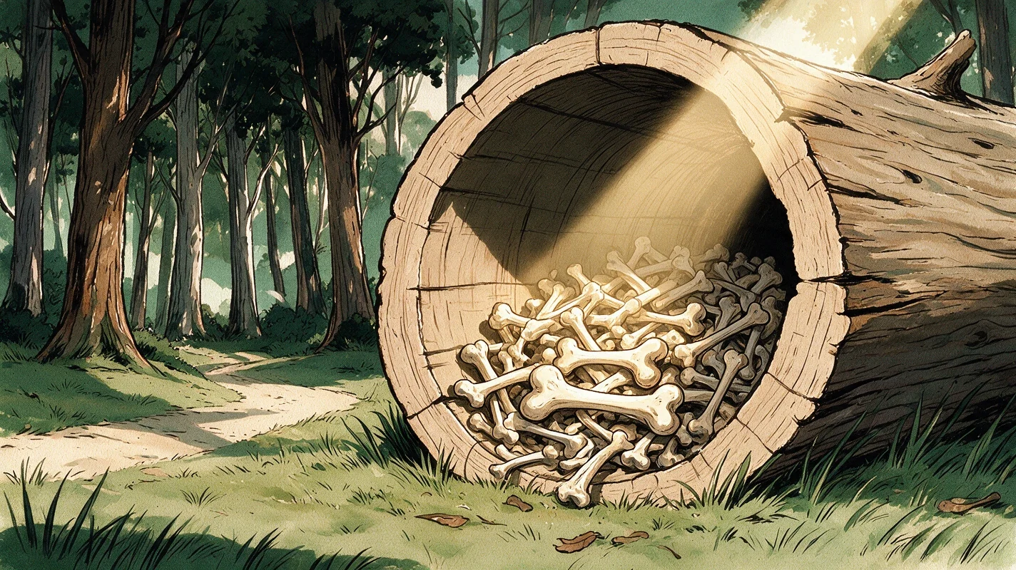 The same hollow log, heaped with bones, a shaft of gold light falling into its mouth