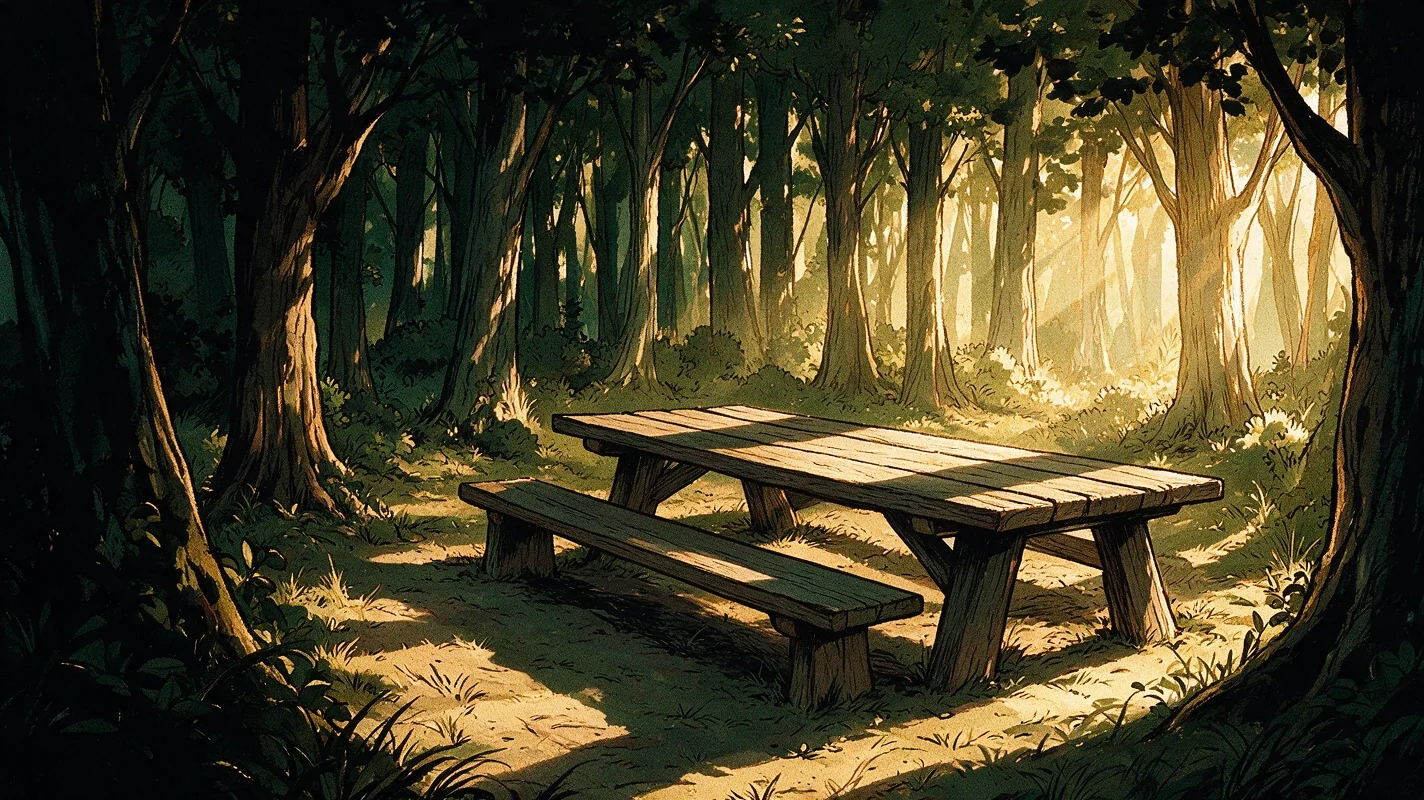 A long table deep in the wood, bare, one empty bench