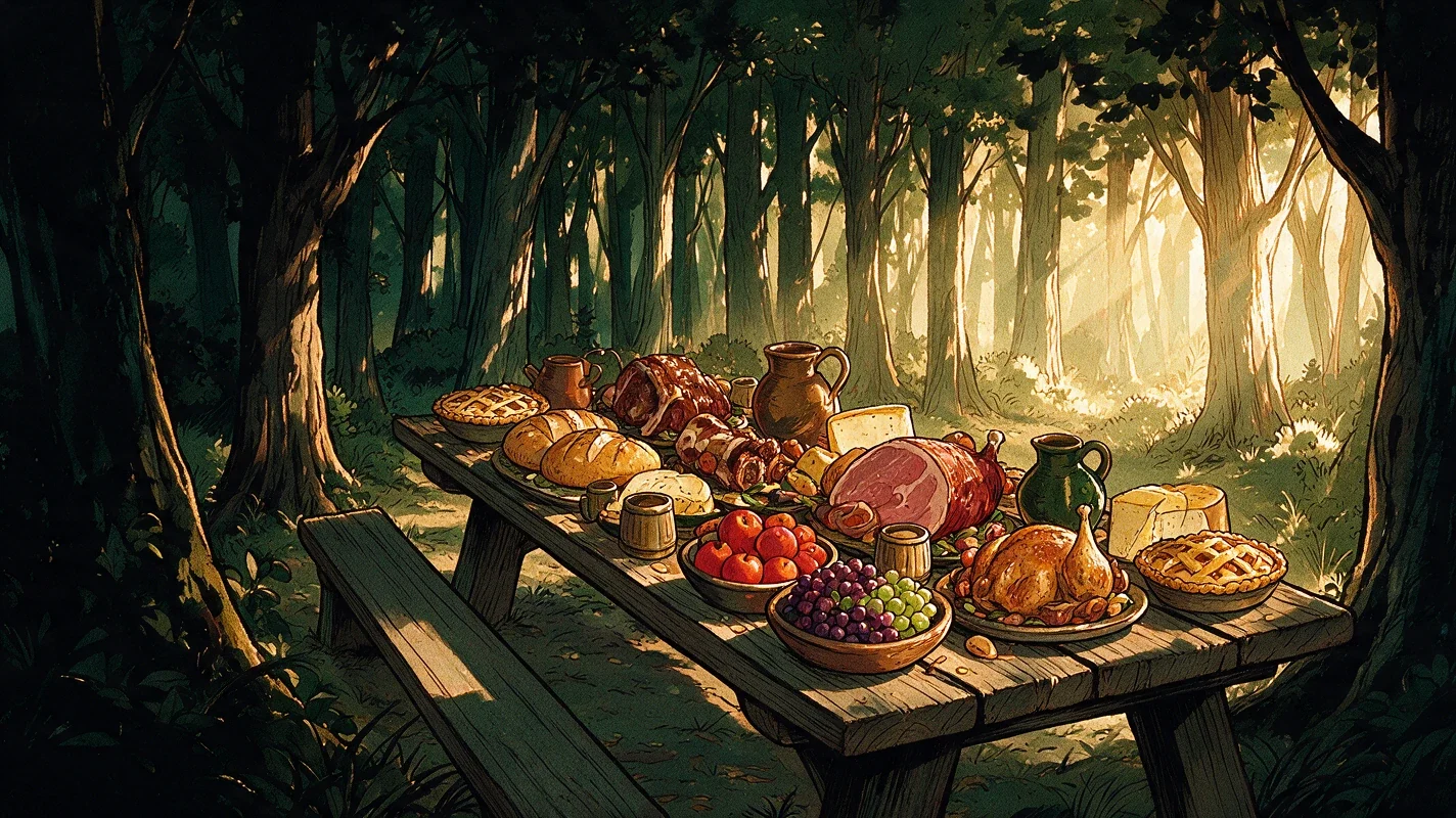 The same table, laden end to end with a feast, the single bench still empty