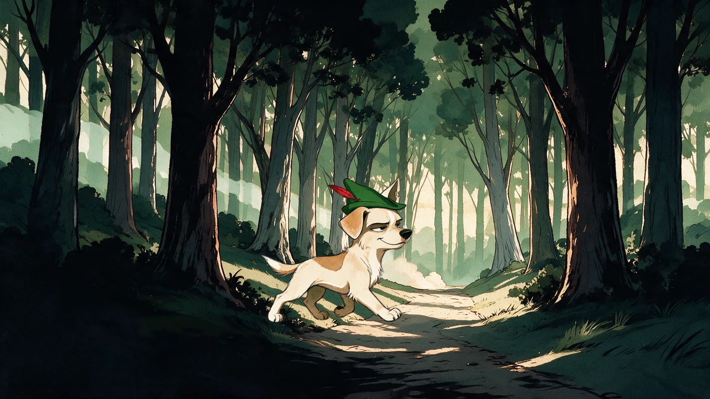 The path into the wood; Fluke mid-bolt down it, a puff of dust behind him