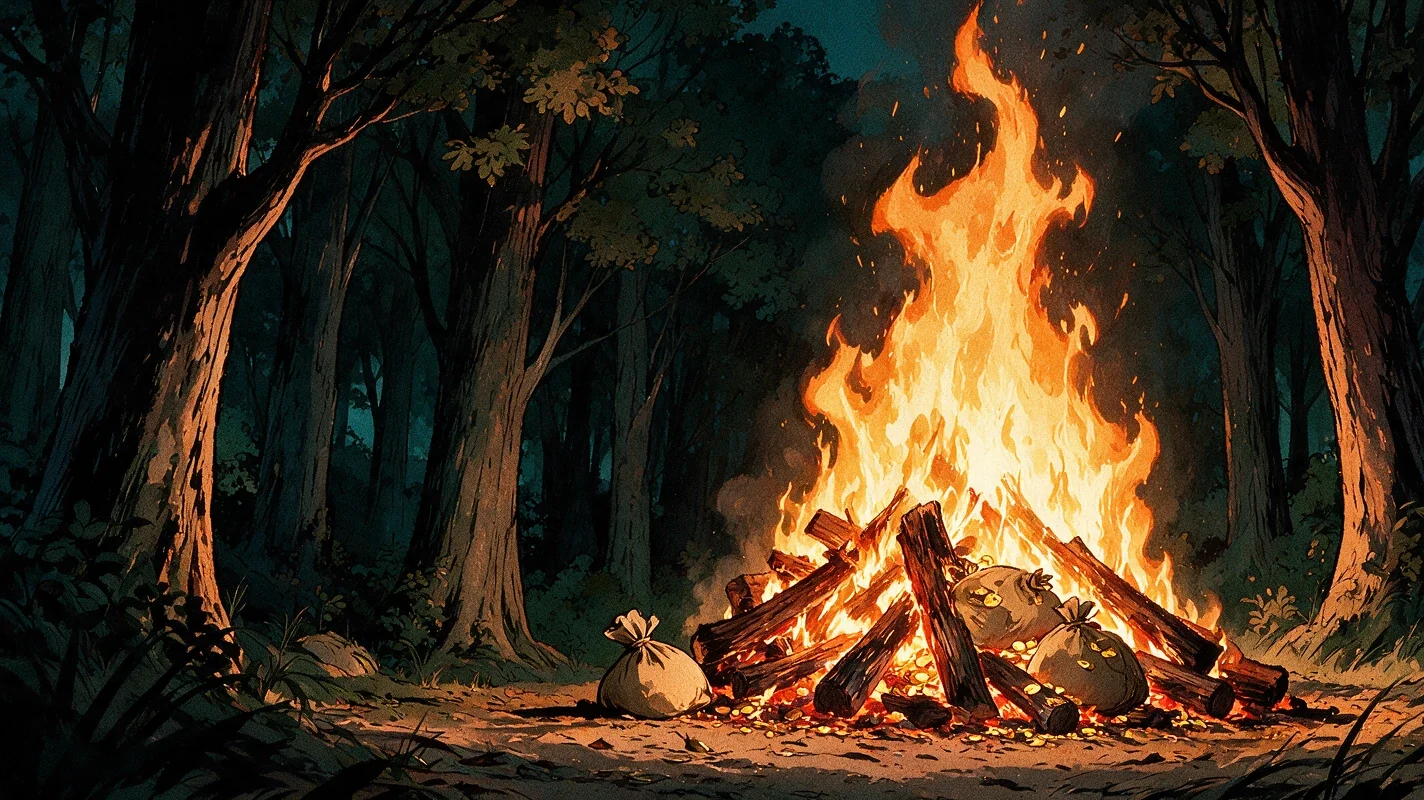 A bonfire roaring in a forest clearing at dusk, money sacks burning in it with coins spilling into the embers