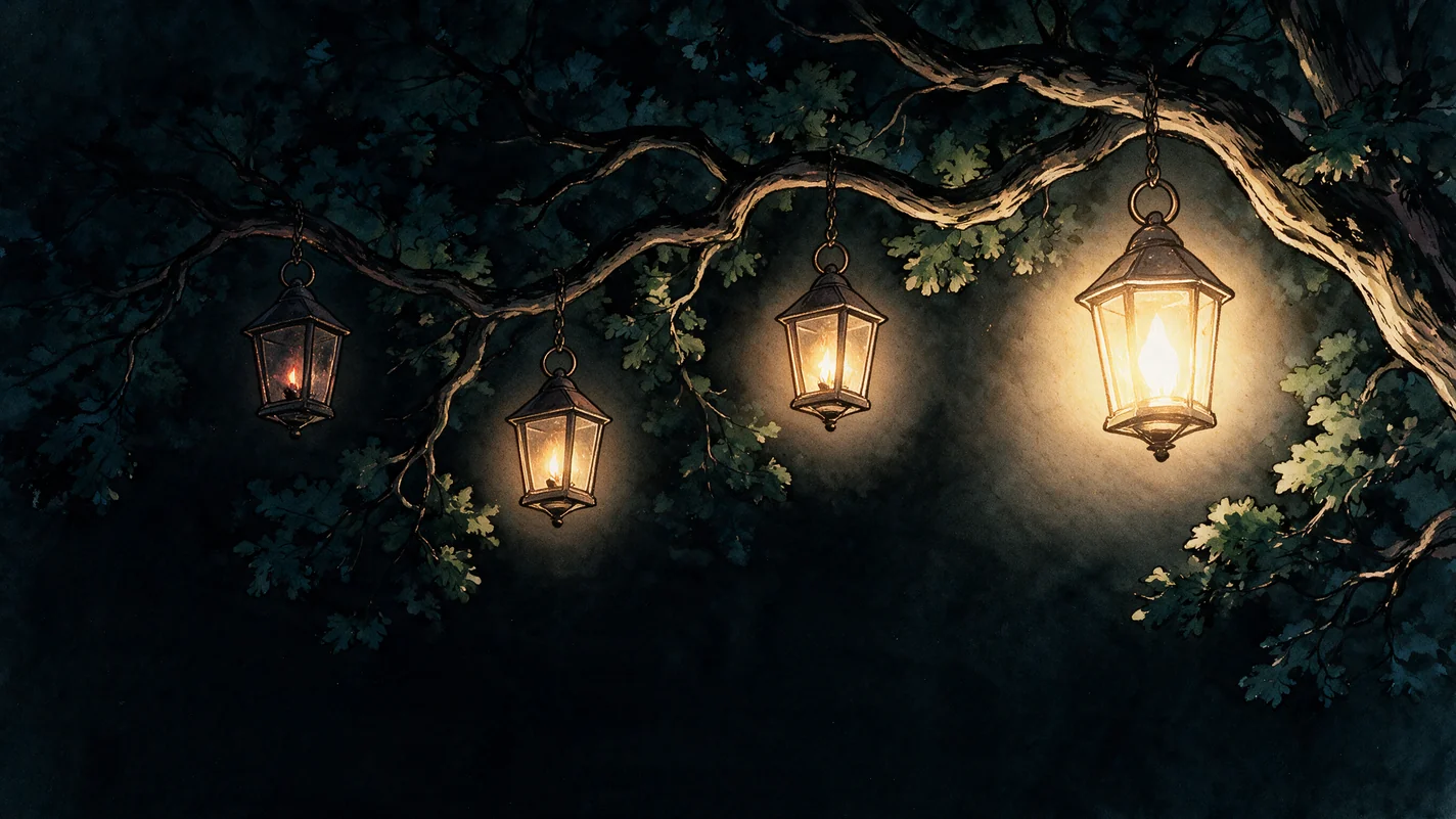 Four identical lanterns hanging in a dark wood, each glowing brighter than the last