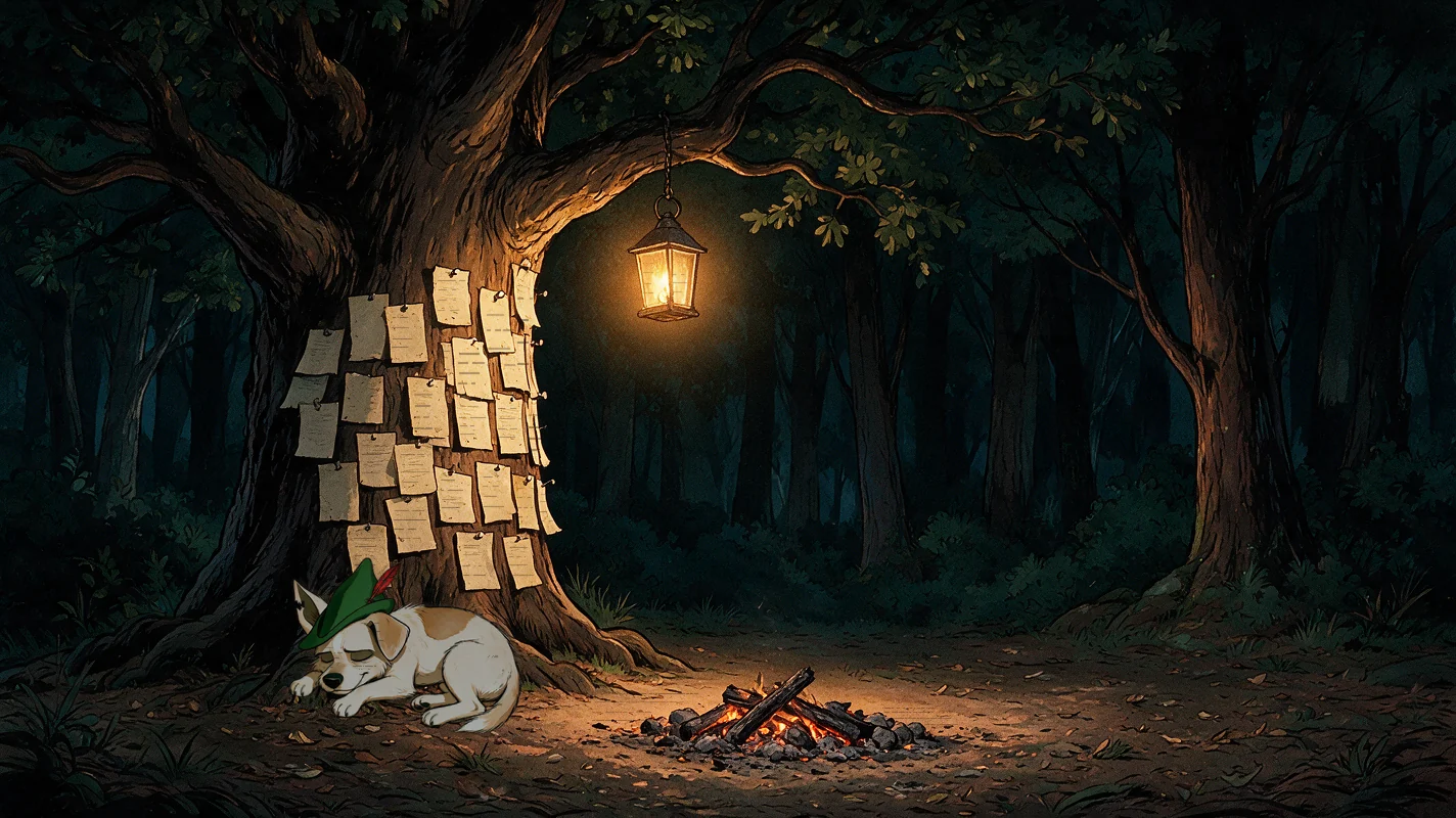 The same clearing at night: a great oak with every result nailed to it in parchment, a lit lantern, the fire burnt to embers, Fluke asleep beside them