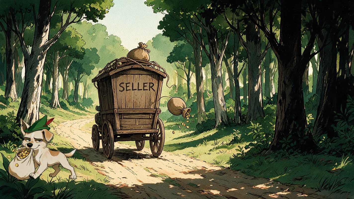 A carriage marked SELLER rattling out of the wood, a money sack tumbling off its roof, Fluke trotting off with another