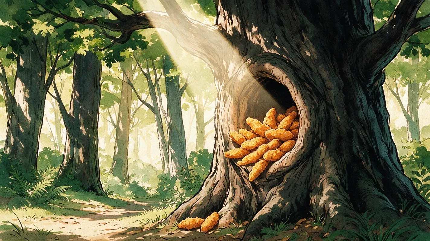 The same knot-hole, crammed with chicken tenders, a shaft of gold light falling in