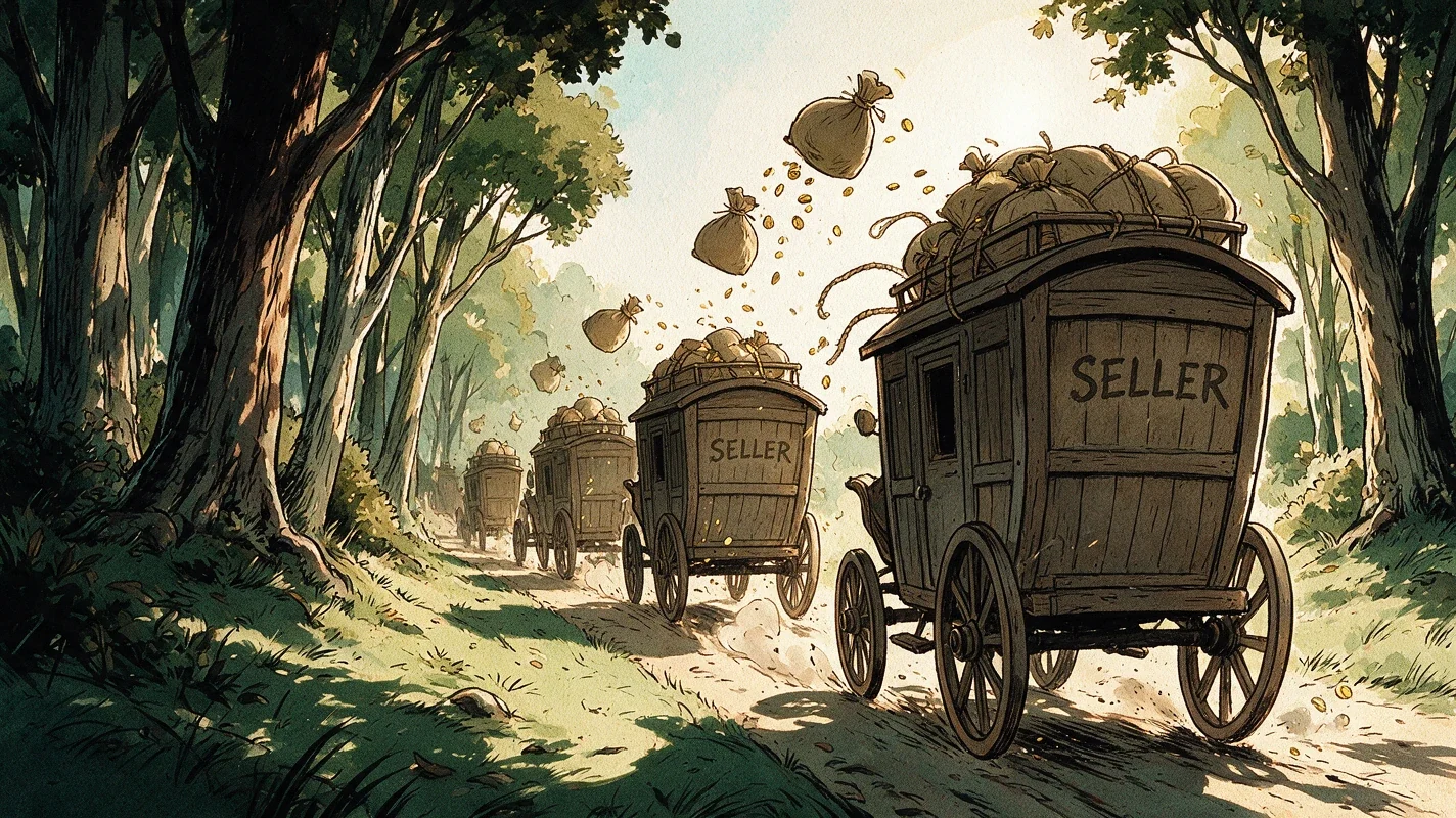 A line of carriages all marked SELLER fleeing the wood at once, sacks tumbling and coins raining on the road